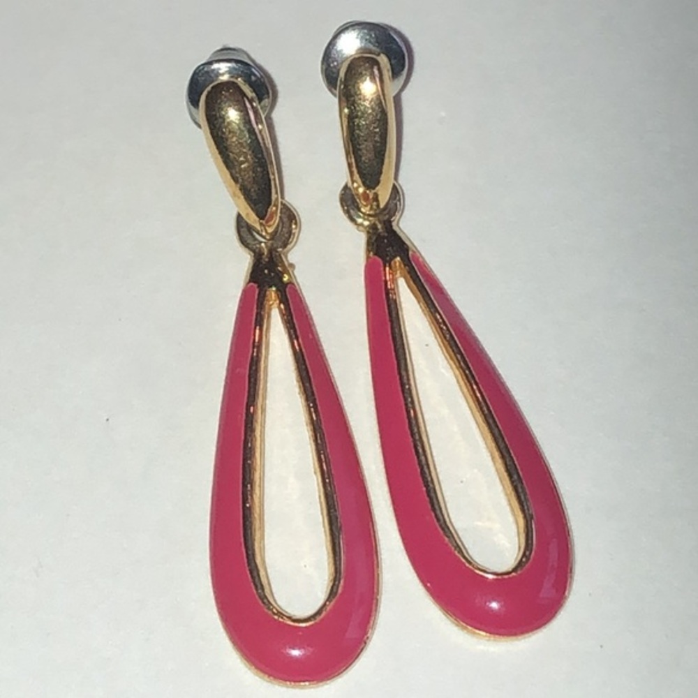 Elegant Pink Enamel and Gold Tone Retro Boho Drop Earrings